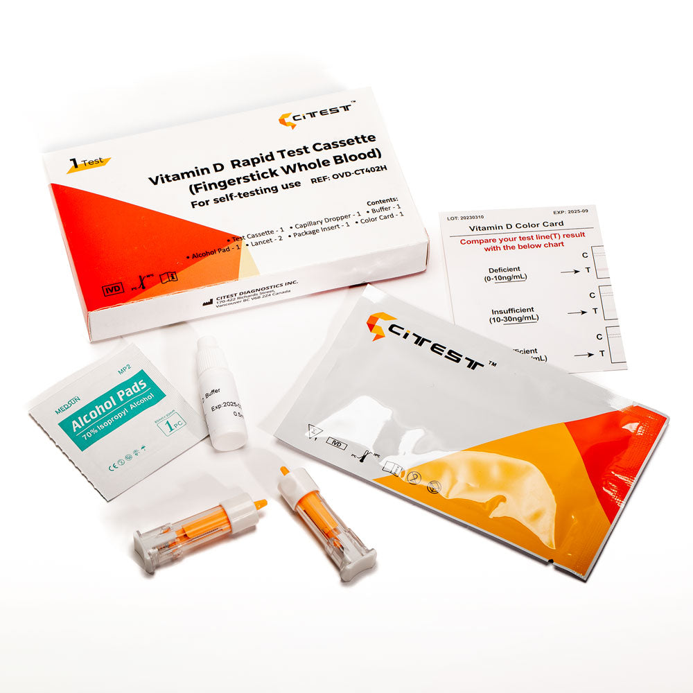 Contents of Citest Canada Vitamin D Rapid Test for Home Use OVD-CT402H Authorized by Health Canada